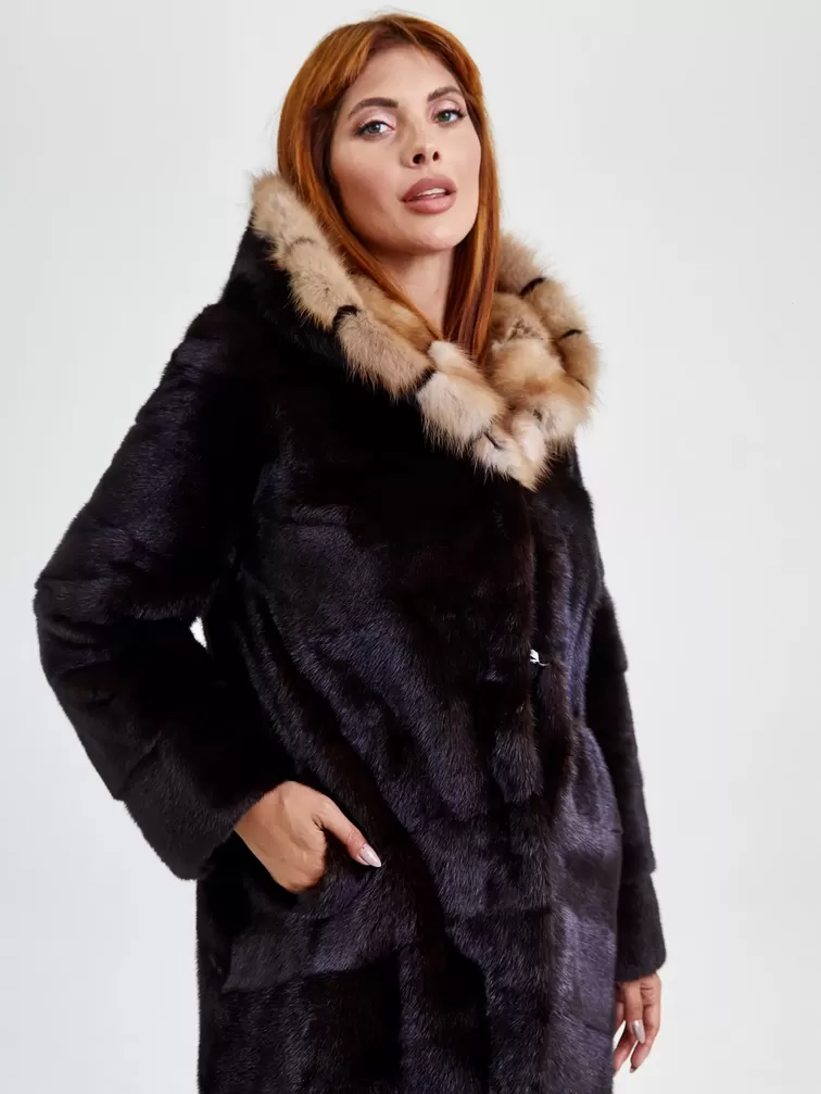 Пальто из меха норки женское 2А, с капюшоном, баклажановое, р. 48, арт. 33090-0
