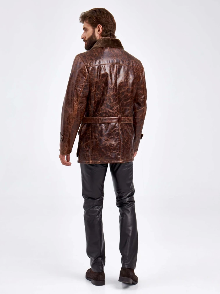 Мужская дубленка с накладными карманами на поясе СК-4/07, коричневая, размер 48, артикул 70840-2