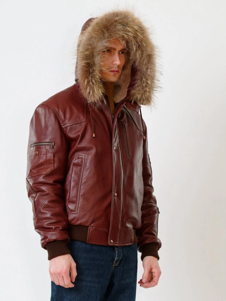 Кожаная мужская куртка аляска утепленная с мехом енота 509, виски, размер 48, артикул 40190-6