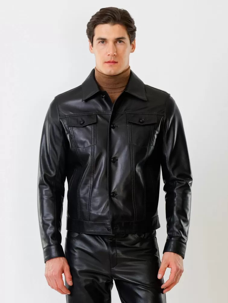 Кожаная куртка мужская 550, на пуговицах, черная, р. 48, арт.  28750-6
