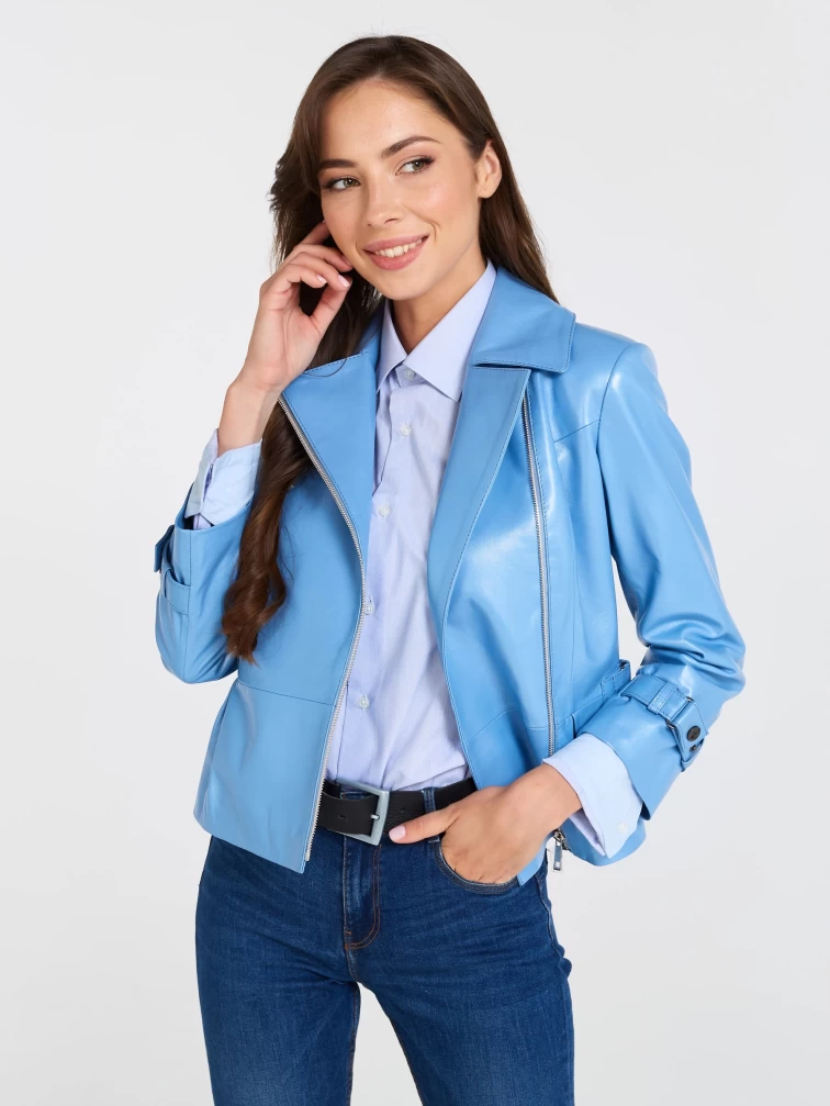 Кожаная куртка косуха женская 307, голубой перламутр, размер 44, артикул 90550-0