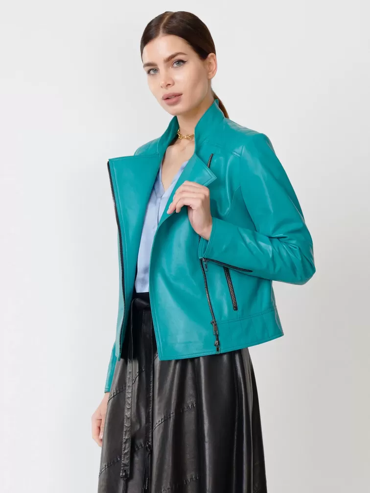 Кожаный комплект женский: Куртка 300 + Юбка 01рс, бирюзовый/черный, р. 44, арт. 111172-5