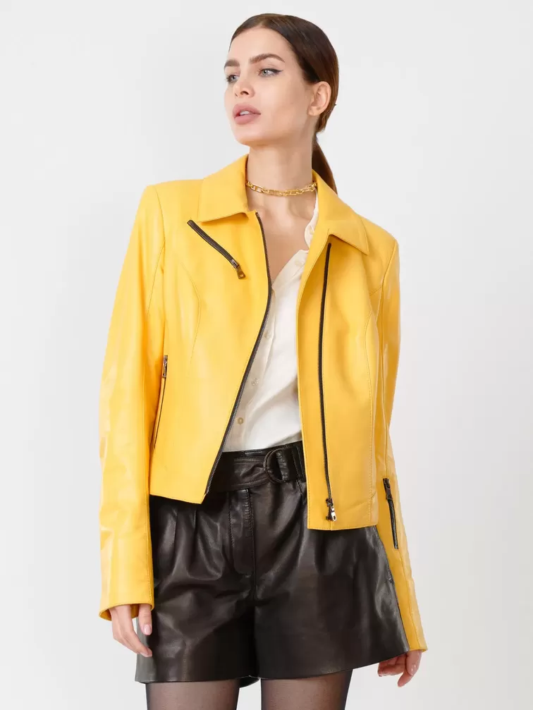 Кожаный комплект женский: Куртка 3005 + Шорты 01, желтый/черный, р. 44, арт. 111120-3