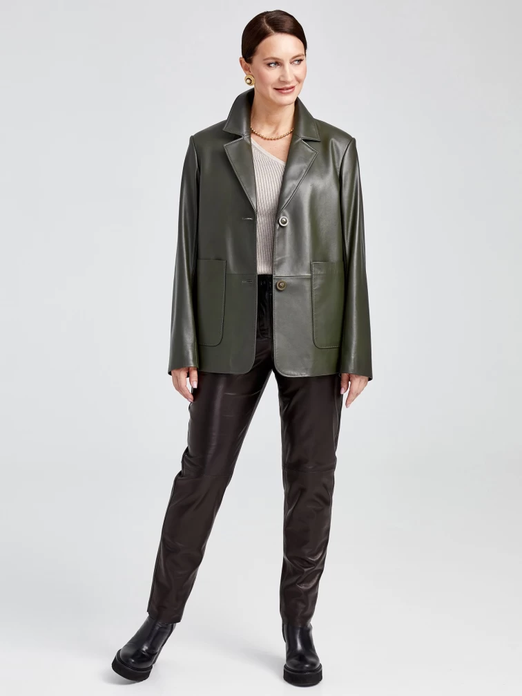 Кожаный пиджак женский 3016, оливковый, размер 54, артикул 91630-1