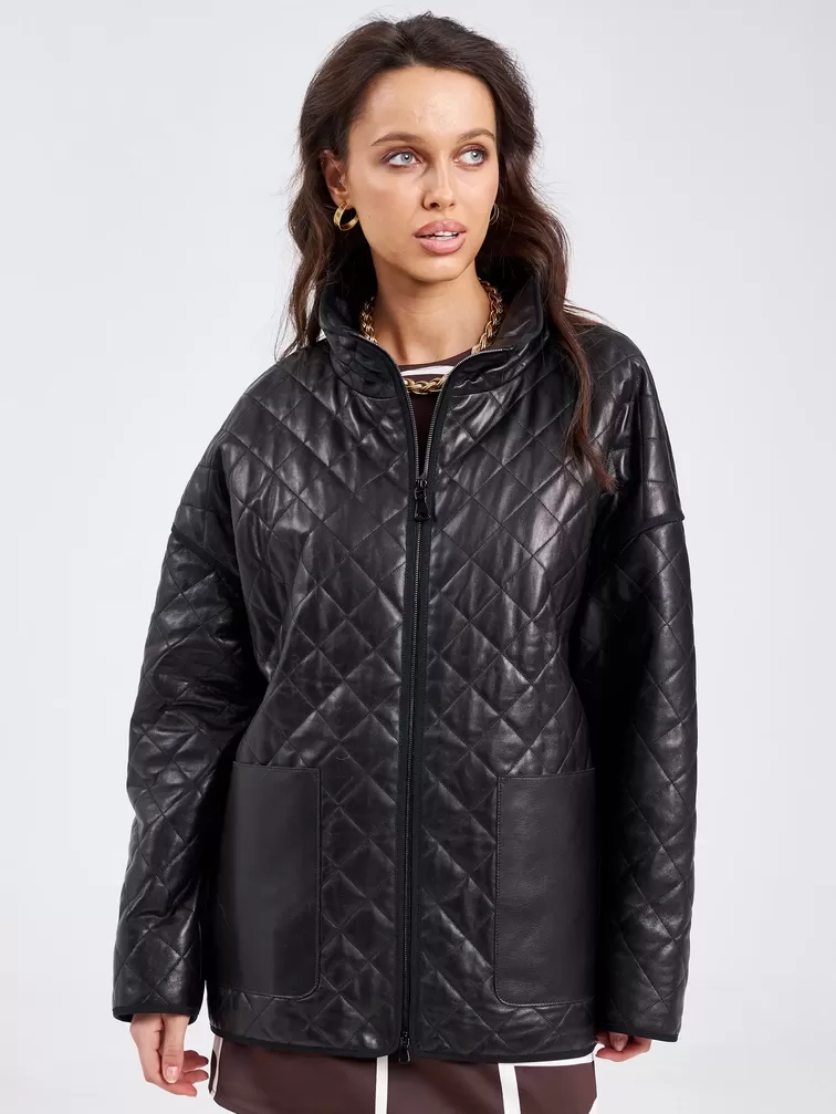 Кожаная куртка стеганная премиум класса женская 3043, черная, р. 44, арт. 23260-1