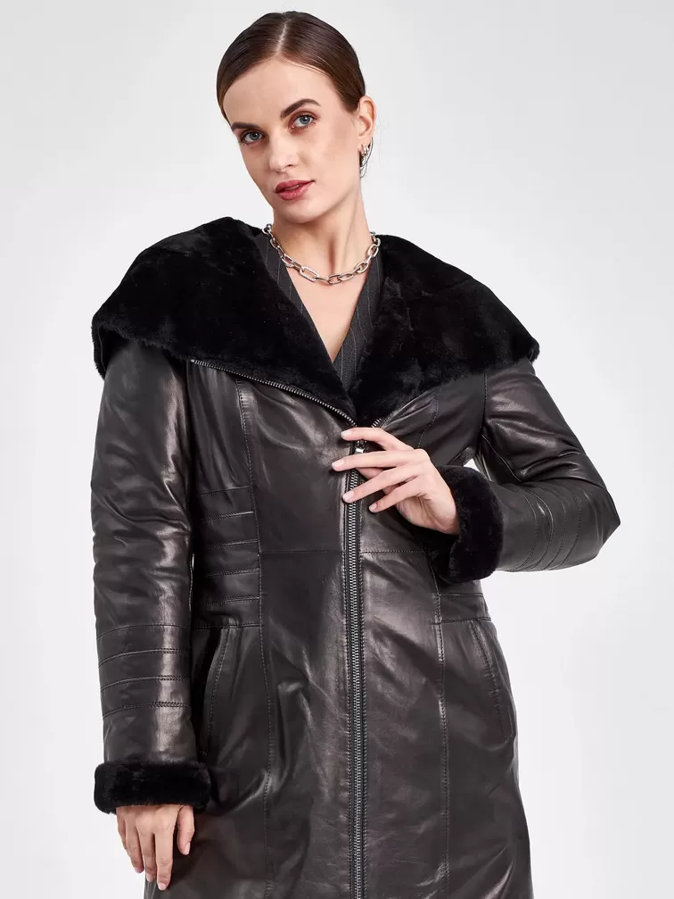 Кожаное пальто зимнее женское 393мех, с капюшоном, черное, р. 46, арт. 91860-0