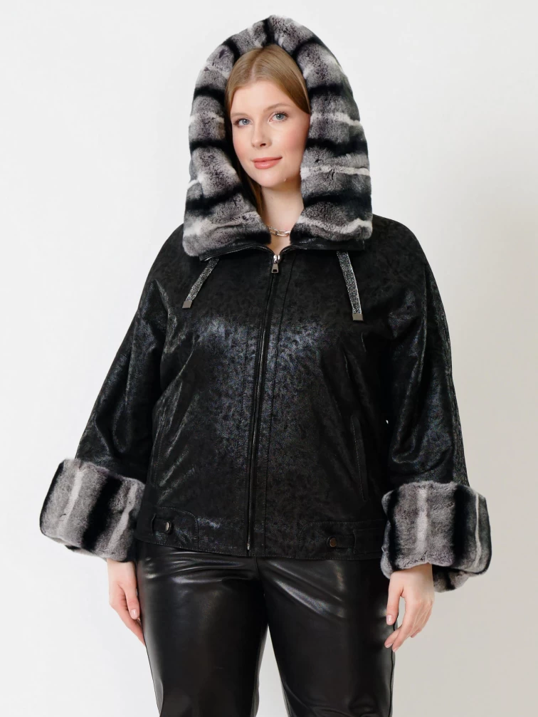 Замшевая утепленная женская куртка с мехом "рекса" 397ш, черная, размер 48, артикул 23721-1