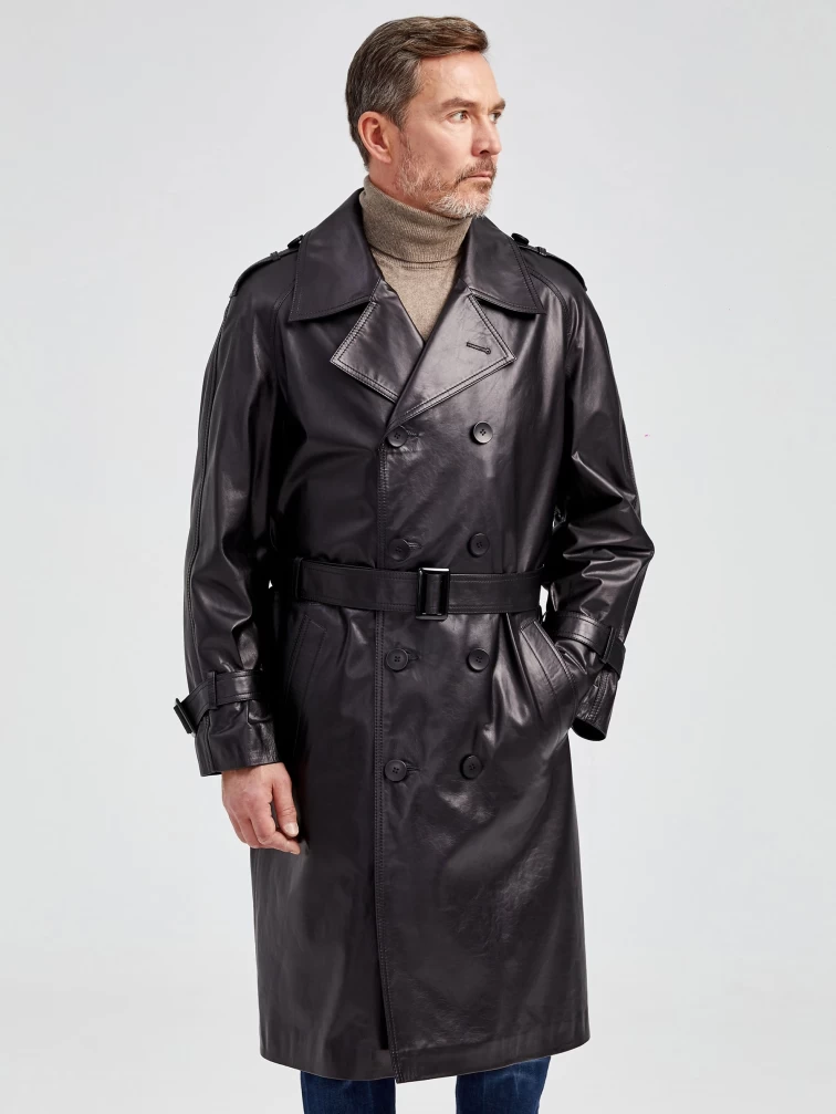 Мужской двубортный кожаный плащ премиум класса 553, черный, размер 50, артикул 40541-1