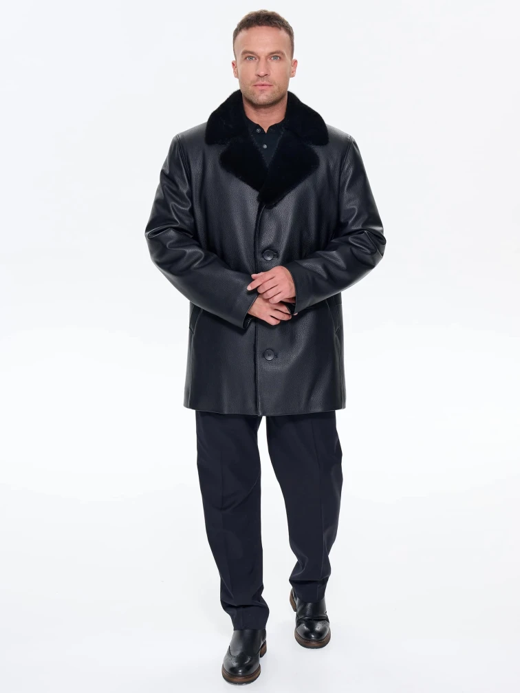 Зимняя кожаная куртка с норковым воротником для мужчин премиум класса 21/1мех, черная, размер 50, артикул 41170-6