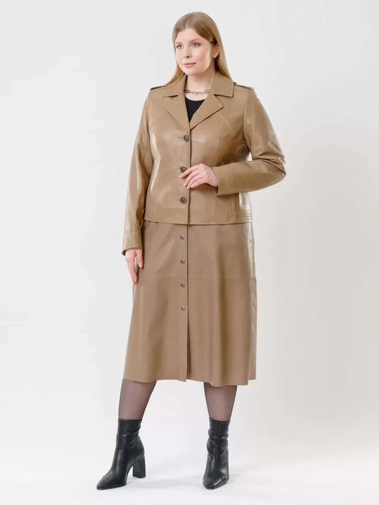 Кожаный комплект: Куртка женская 304 + Юбка-миди 08, коричневый/коричневый, р. 44, арт. 111142-0