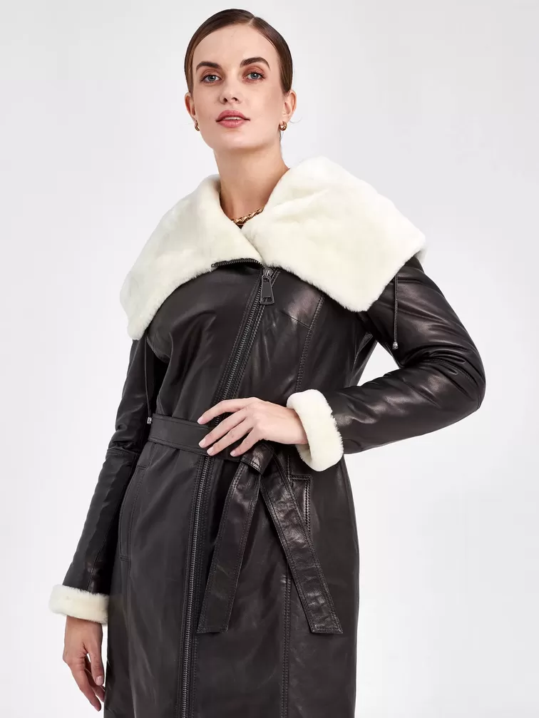 Кожаное пальто зимнее женское 390мех, с капюшоном, черное - белое, р. 50, арт. 91810-0