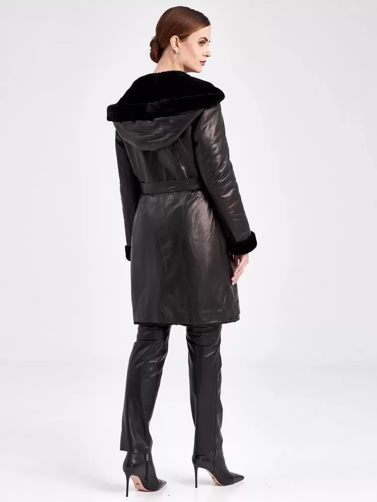 Кожаное пальто зимнее женское 394мех, с капюшоном, черное, р. 50, арт. 91870-2