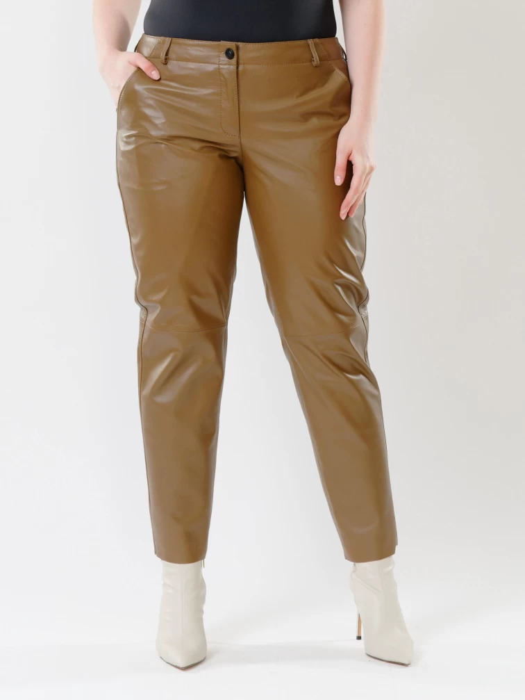 Кожаные зауженные женские брюки из натуральной кожи 03, серо-коричневые, размер 46, артикул 85520-3