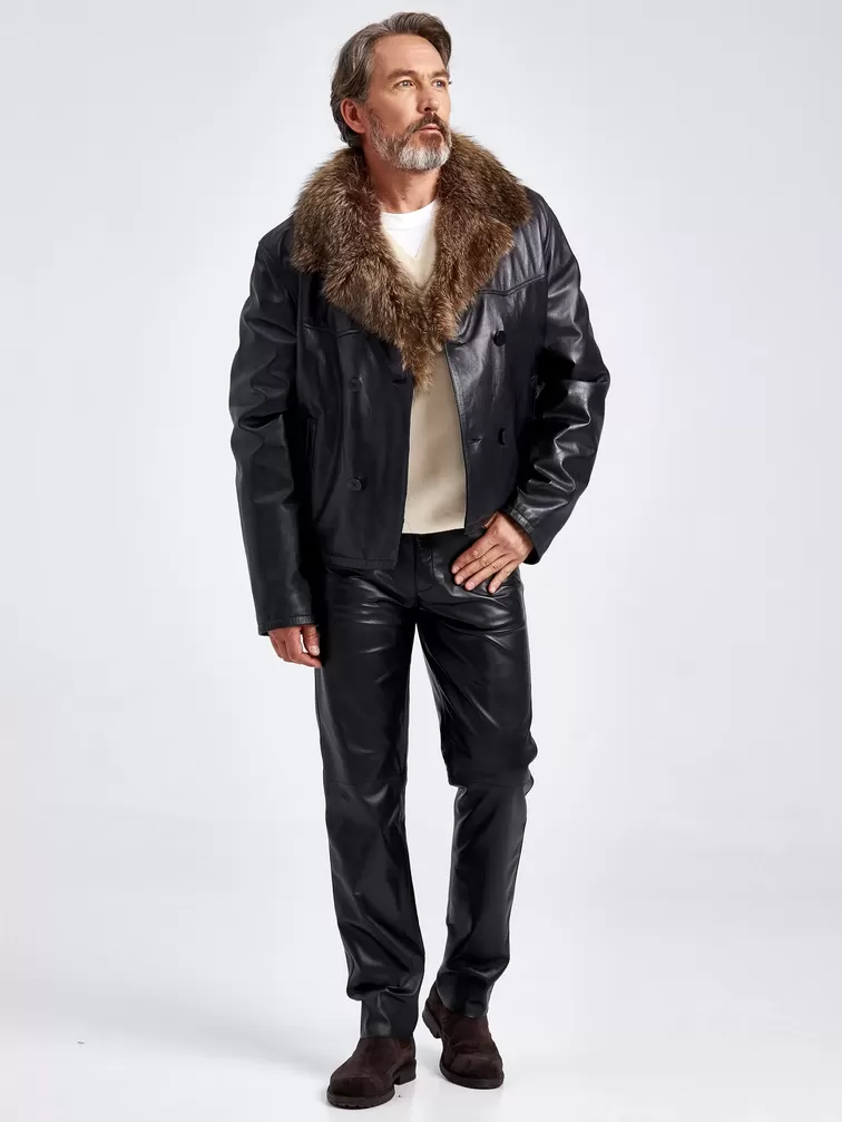 Кожаная куртка двубортная зимняя мужская Mafia/New, с воротником меха енота, черная, p. 54, арт. 40810-2
