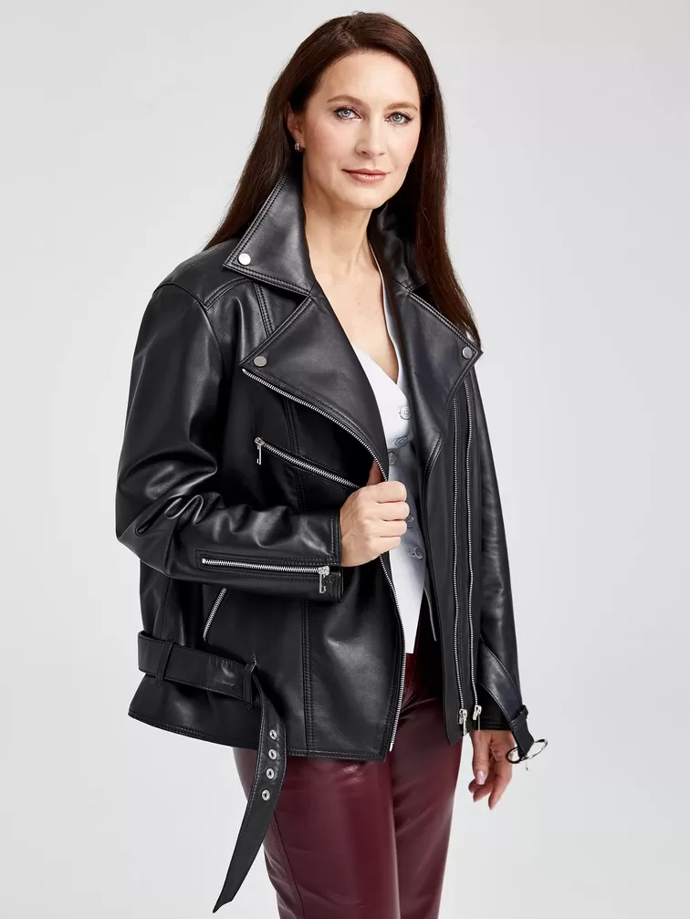 Кожаный комплект женский: Куртка 3013 + Брюки 02, черный/бордовый, р. 46, арт. 111147-3