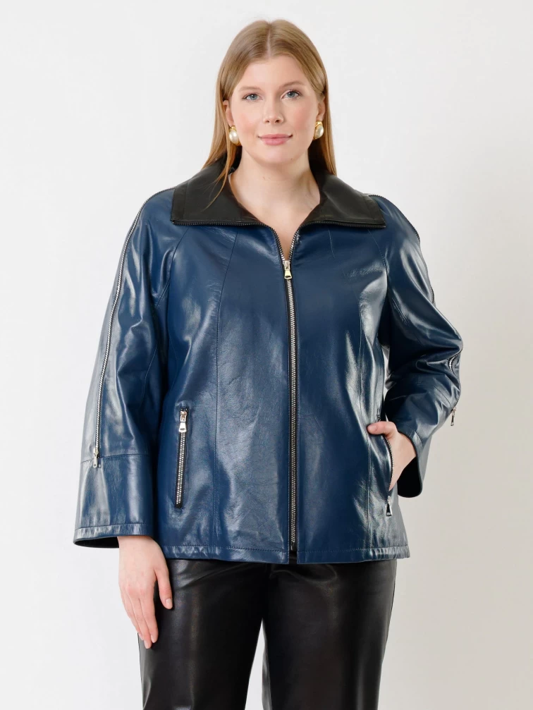 Кожаная женская куртка оверсайз 385, синяя, размер 48, артикул 91341-2