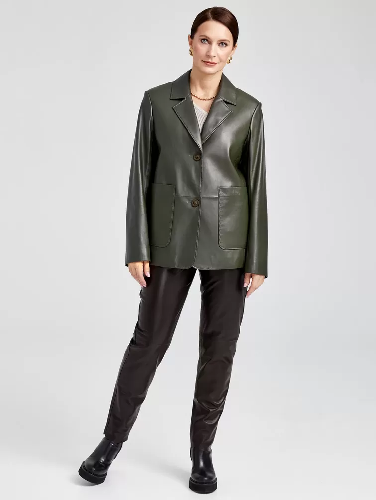 Кожаный костюм женский: Пиджак 3016 + Брюки 03, оливковый/черный, р. 46, арт. 111138-1