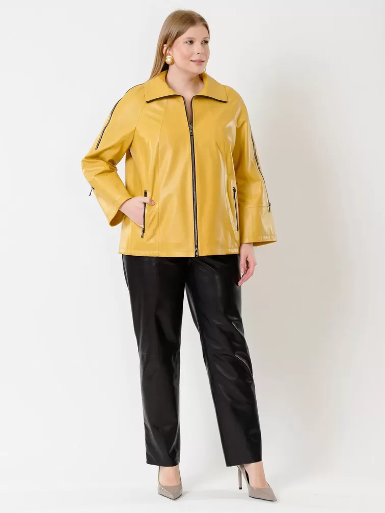 Кожаный комплект женский: Куртка 385 + Брюки 04, желтый/черный, р. 48, арт. 111382-1