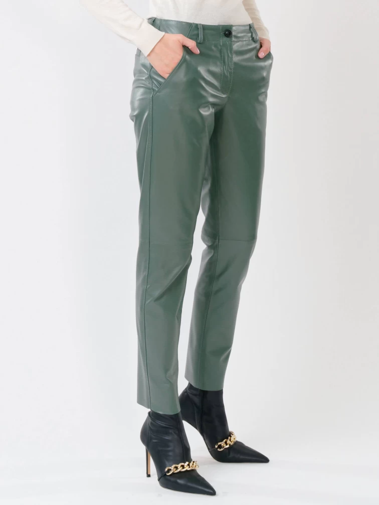 Кожаные зауженные брюки женские 03, из натуральной кожи, оливковые, р. 42, арт. 85260-4