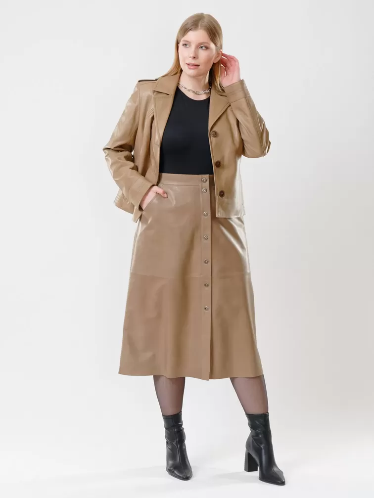 Кожаный комплект женский: Куртка 304 + Юбка-миди 08, коричневый, р. 44, арт. 111142-1
