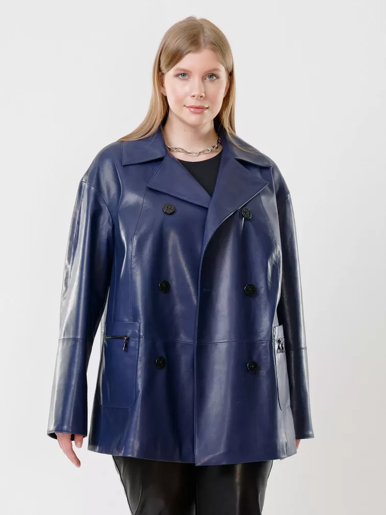 Кожаная двубортная куртка женская 3002, синяя, р. 58, арт. 91420-2