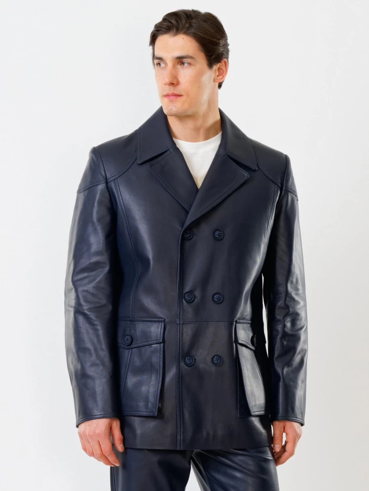 Двубортная мужская кожаная куртка бушлат 549, синяя, размер 50, артикул 28360-5