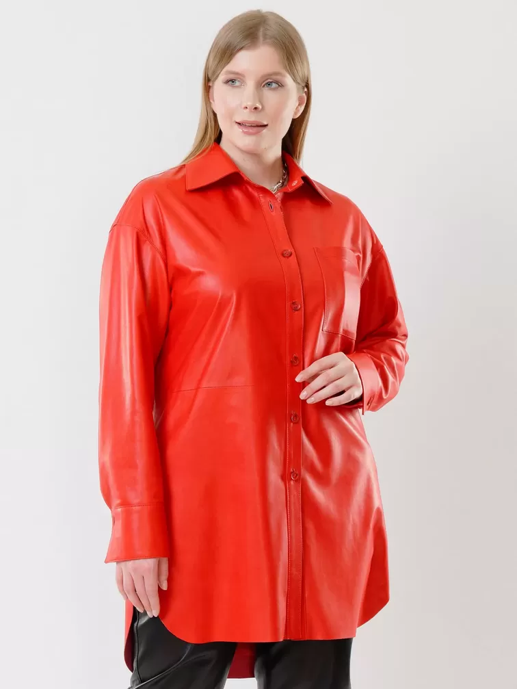 Кожаная рубашка женская 01_2, с поясом, из натуральной кожи, красная, р. 44, арт. 91452-5