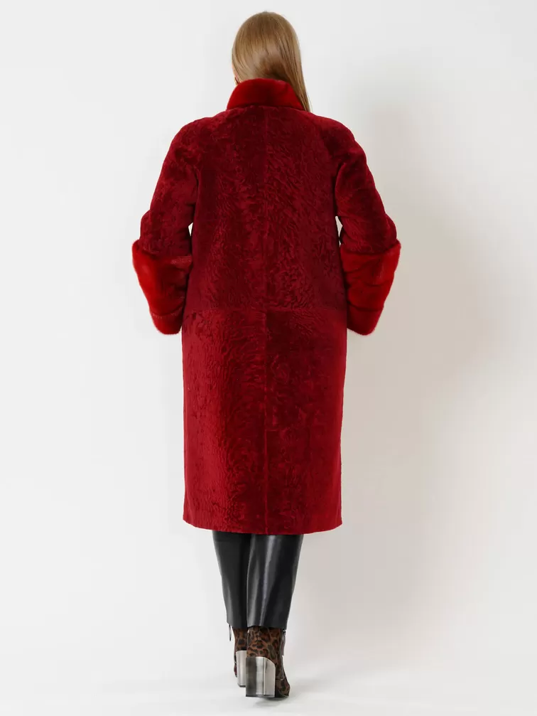 Пальто из астрагана утепленное женское 52мех, с мехом норки, бордовое, р. 48, арт. 17540-4