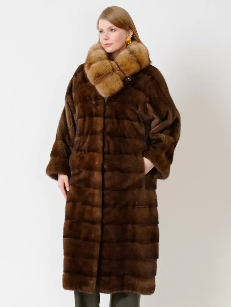 Пальто из меха норки с соболем женское 1150в, длинное, коричневое, арт. 32750-6