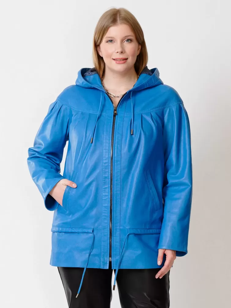 Кожаная куртка женская 303у , с капюшоном, голубая, р. 50, арт. 91201-5