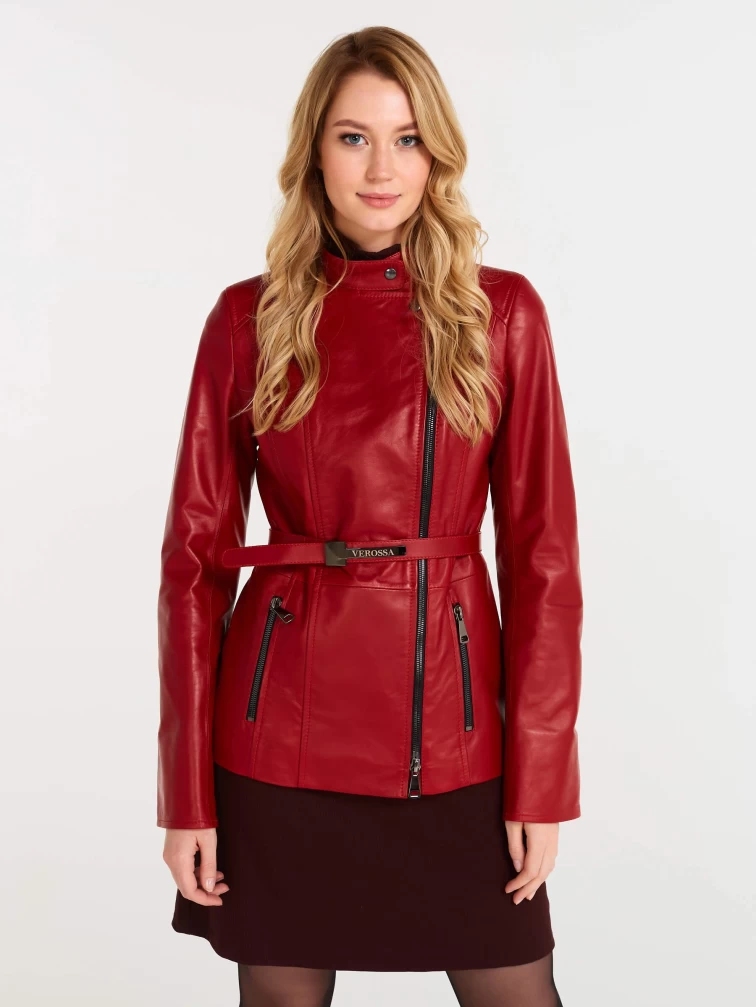 Кожаная куртка женская 320(нв), с поясом, красная, р. 44, арт. 90620-0