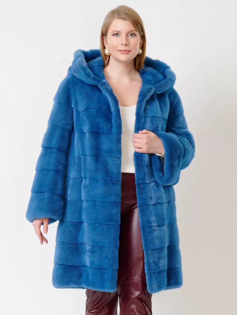 Пальто из меха норки женское 245к, с капюшоном, голубое, р. 52, арт. 32780-0