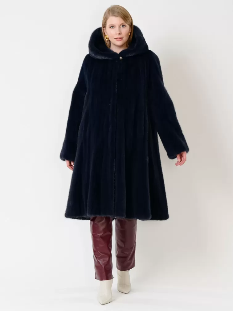 Пальто из меха норки женское 4021к, с капюшоном, синее, р. 52, арт. 32730-4