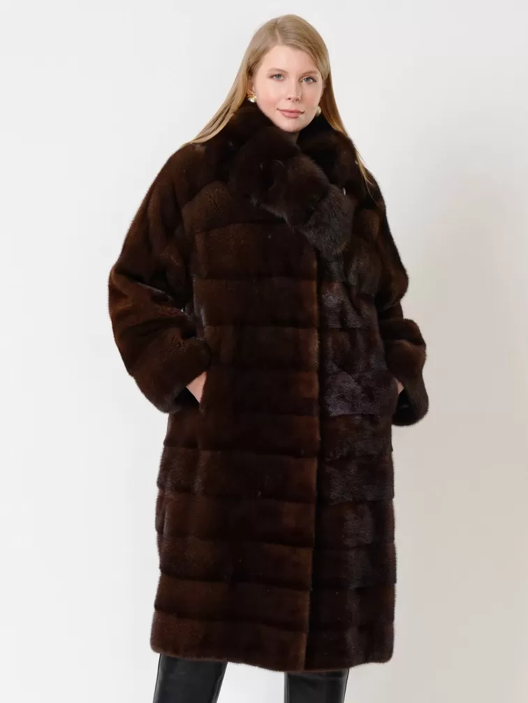 Зимний комплект: Пальто из меха норки с соболем 1150в + Брюки женские 03, коричневый/черный, р. 52, арт. 111273-3