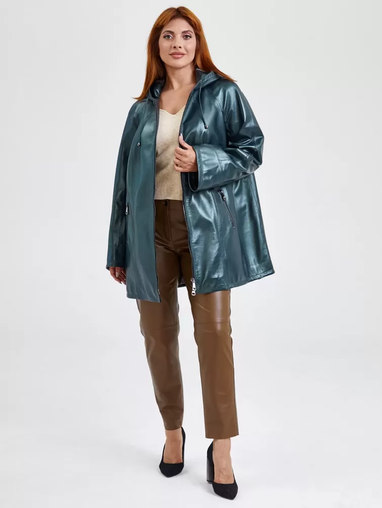 Кожаная куртка женская 383, с капюшоном, зеленая, р. 54, арт. 91780-1
