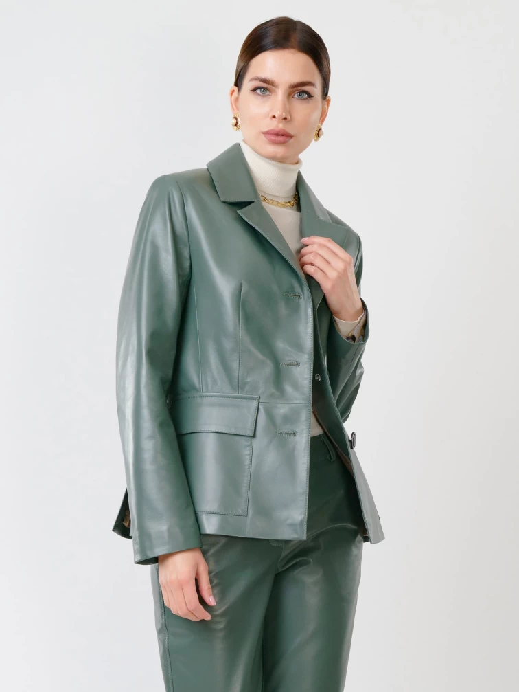 Кожаный костюм женский: Пиджак 3007 + Брюки 03, оливковый, размер 46, артикул 111136-5