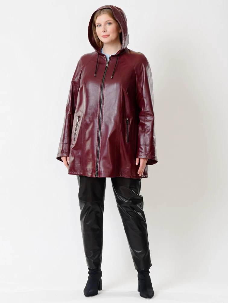 Кожаный комплект женский: Куртка 383 + Брюки 04, бордовый/черный, размер 48, артикул 111178-1