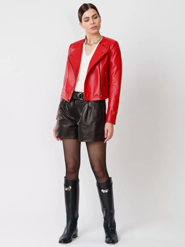 Кожаный комплект: Куртка женская 389 + Шорты женские 01, красный/черный, размер 42, артикул 111113-0