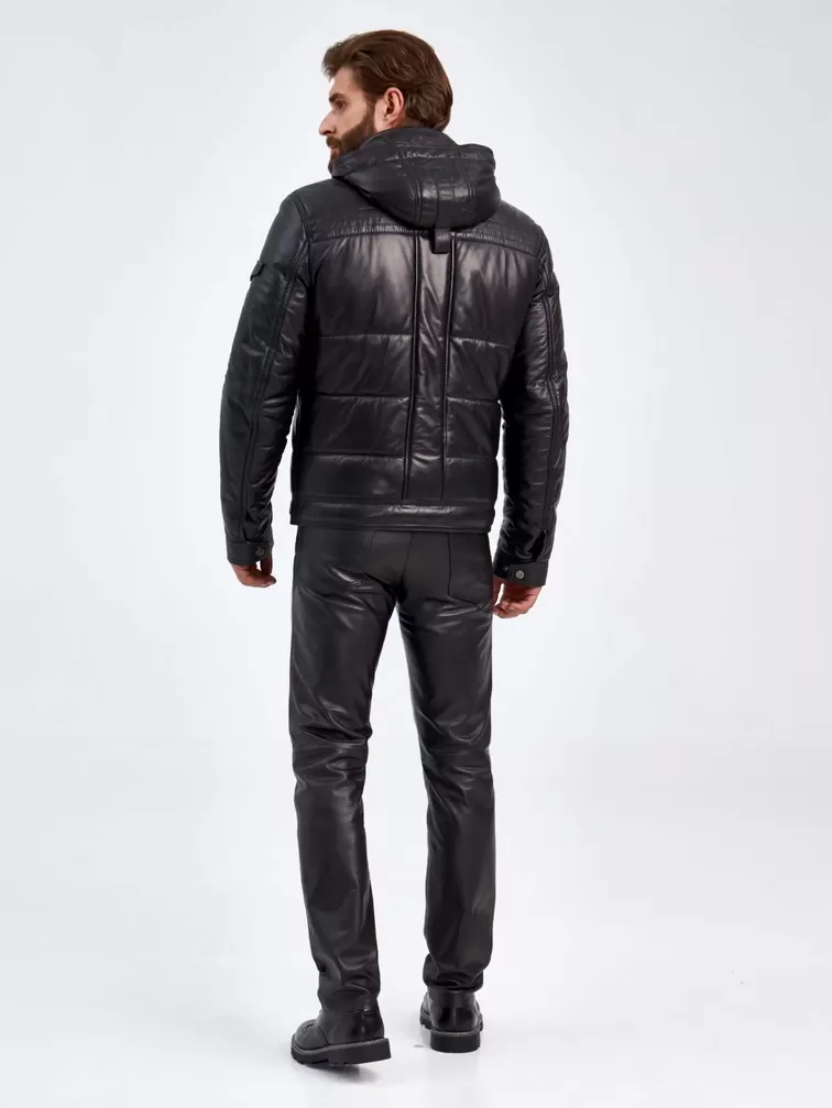 Кожаный пуховик утепленный мужской 2010-12,с капюшоном, черная, p. 50, арт. 29150-2