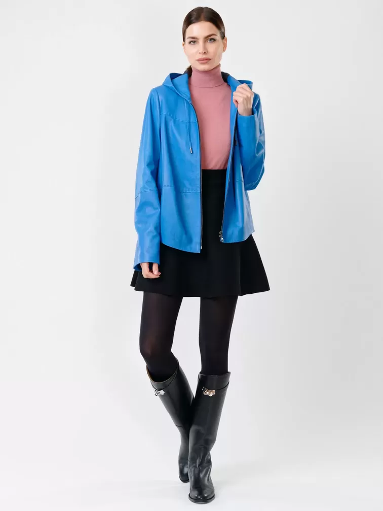Кожаная куртка женская 308рc, с капюшоном, голубая, р. 46, арт. 91140-3