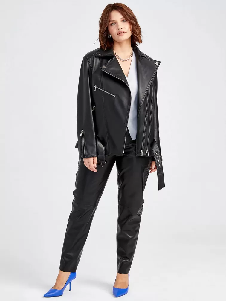 Кожаный комплект: Куртка женская 3013 + Брюки женские 02, черный/бордовый, р. 46, арт. 111146-0