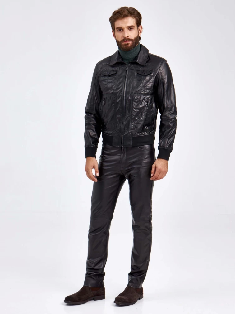 Кожаная куртка бомбер мужская 2010-16, черная, размер 50, артикул 29350-1