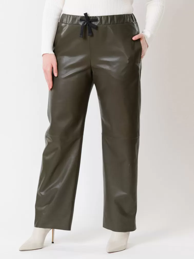 Кожаные широкие брюки женские 06, из натуральной кожи, оливковые, р. 48, арт. 85510-3