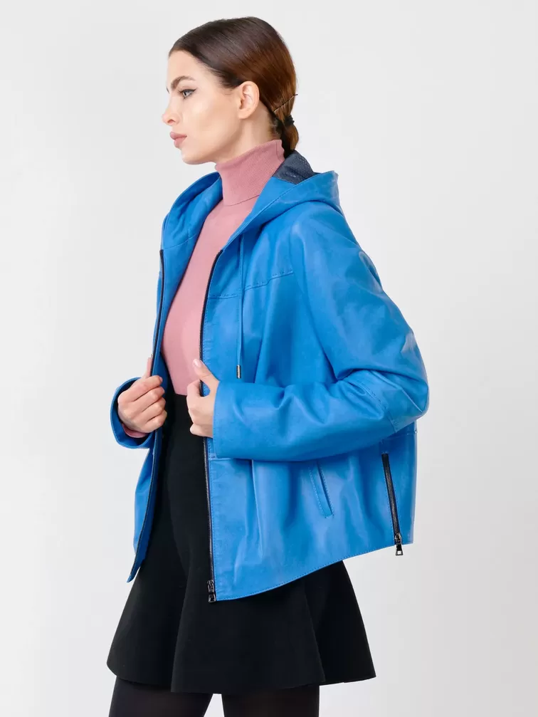 Кожаная куртка женская 308рc, с капюшоном, голубая, р. 46, арт. 91140-5