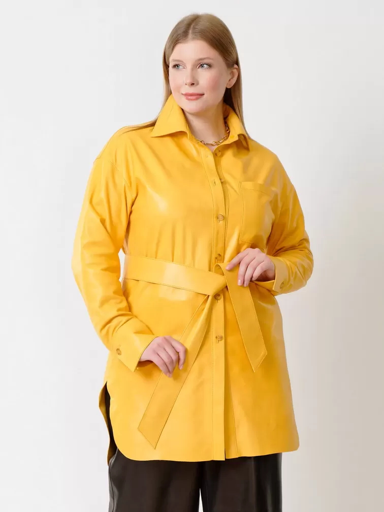 Кожаная рубашка женская 01_2, с поясом, из натуральной кожи, желтая, р. 44, арт. 91402-5