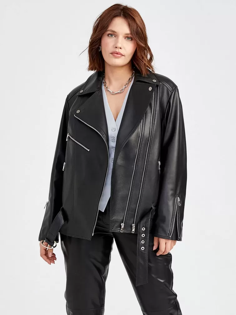 Кожаный комплект: Куртка женская 3013 + Брюки женские 02, черный/бордовый, р. 46, арт. 111146-4