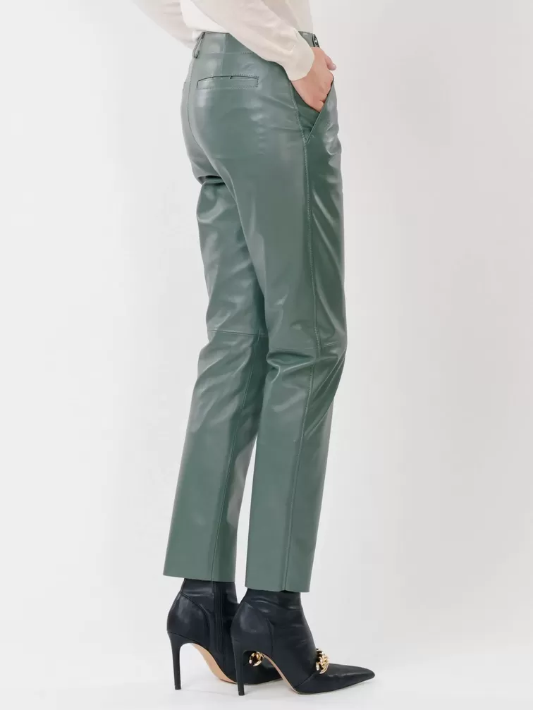 Кожаные зауженные брюки женские 03, из натуральной кожи, оливковые, р. 44, арт. 85260-6