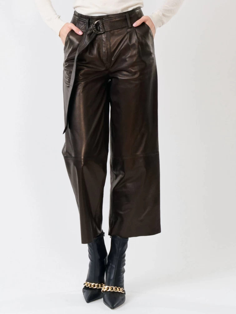 Кожаные укороченные женские брюки из натуральной кожи 05, черные, размер 42, артикул 85251-3