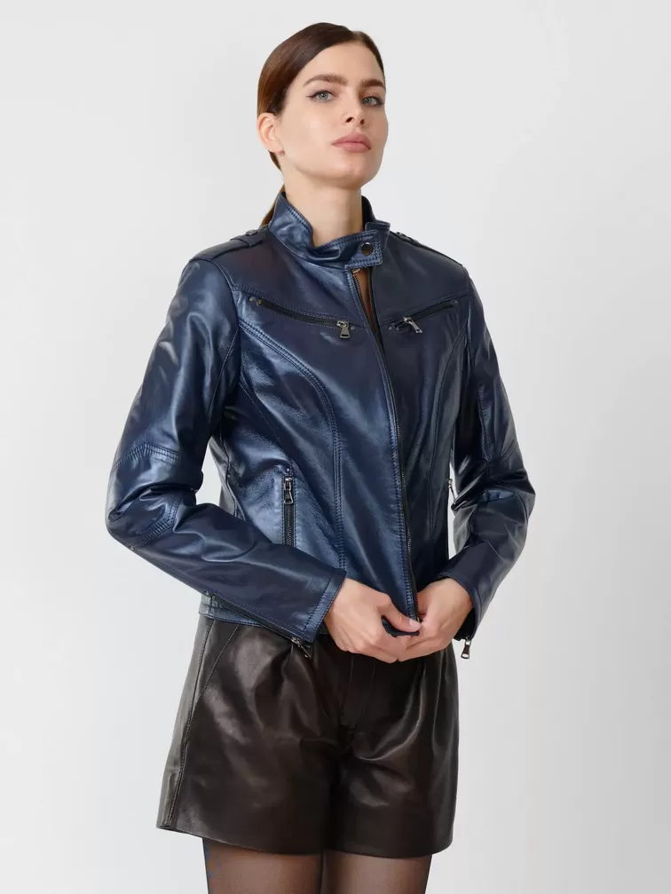 Кожаная куртка женская 399, синий перламутр, р. 44, арт. 90932-2
