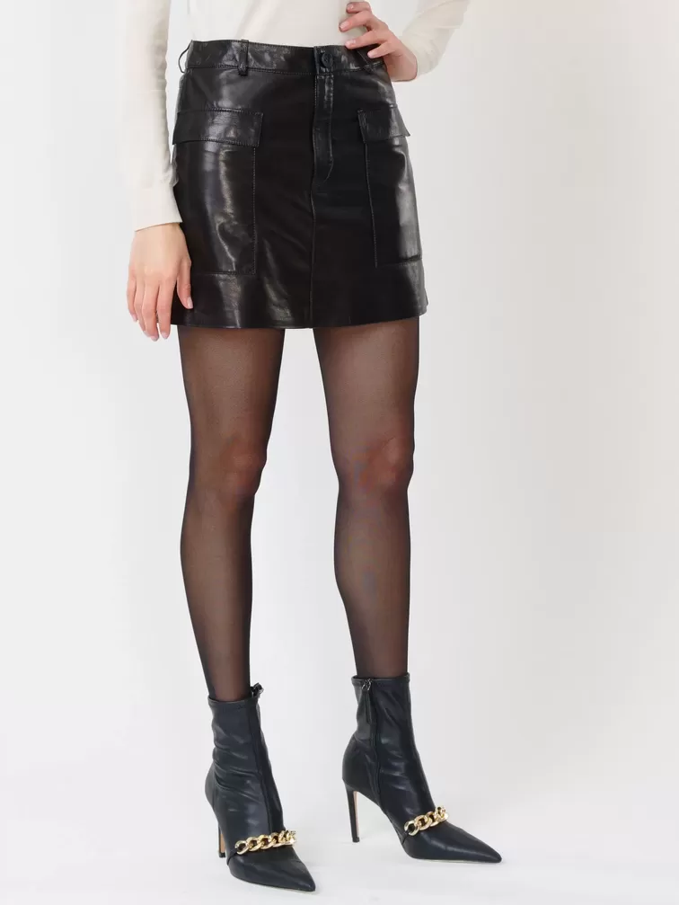 Кожаная юбка мини 03, с накладными карманами, из натуральной кожи, черная, р. 40, арт. 85340-6